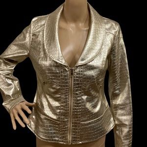 V Christina Jacket Gold Croc Embossed Print Faux Leather Zip Pockets Lined Sz S